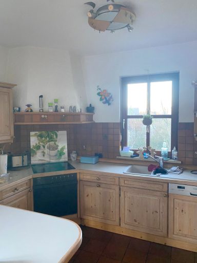 Helle Holz-Küche mit großen Fenstern, Pflanzen und modernen Geräten.