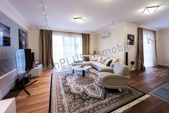 Helles Wohnzimmer mit Sofa, Teppich und großen Fenstern für Tageslicht.