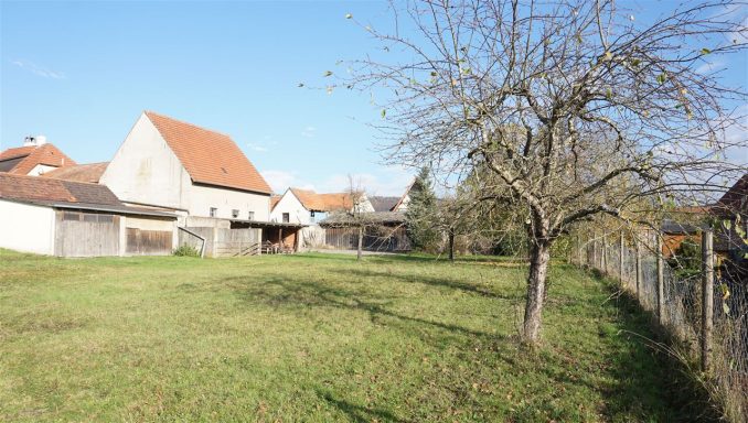 Landschaft mit traditionellen Gebäuden und einem Baum bei klarem Himmel.